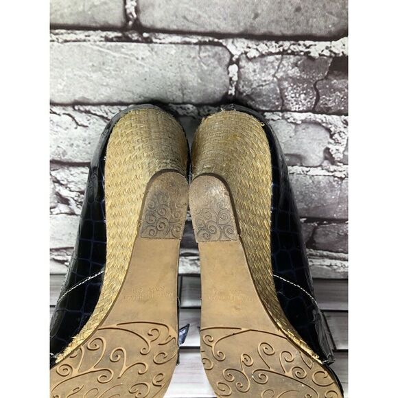 Brighton Riva Blue Croc Patent Leather Espadrille High Wedge Women Sz 9M US/40EU - Picture 5 of 16